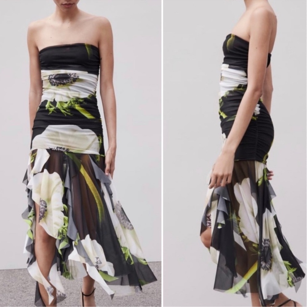 NWT Zara Viral Blogger Favorite Strapless Print
Tulle Mesh Flower Graphic Dress